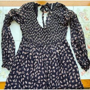 Free People Floral Smocked Mini Dress Black Pink Metallic Open Back Bell Sleeve